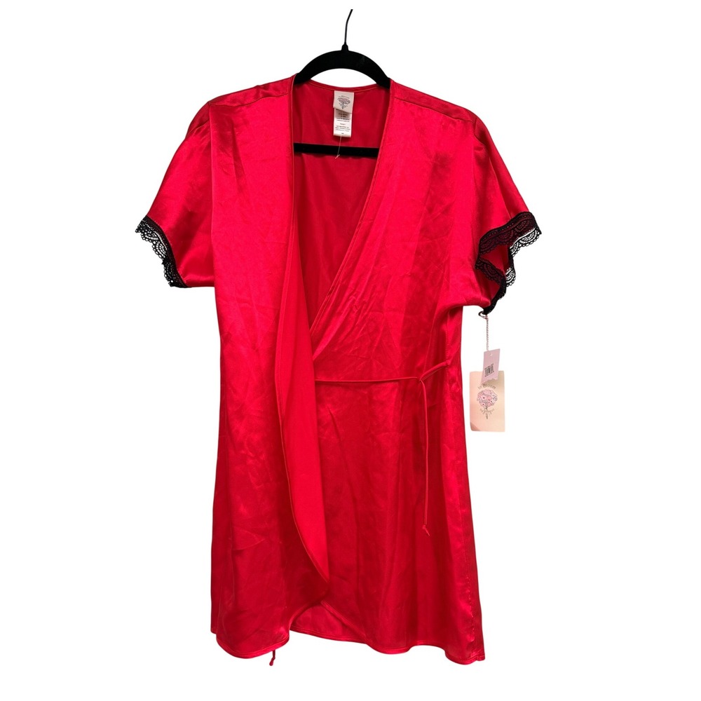 In Bloom by Jonquil Red Satin Short Robe Black Lace Trim Medium MISSING BELT